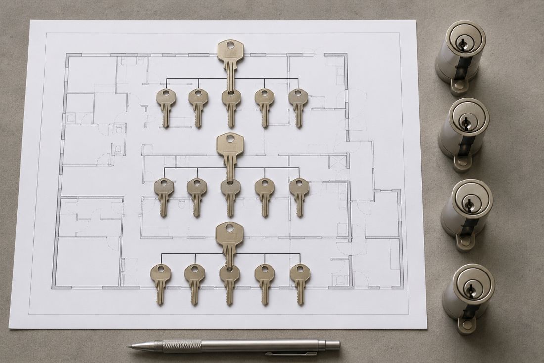 Juego de llaves amaestradas ordenado sobre el plano de un edificio junto a sus cilindros