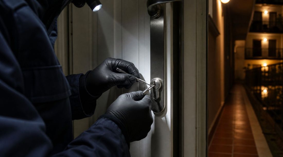 Cerrajero abriendo la cerradura de una vivienda de noche con útiles de apertura fina