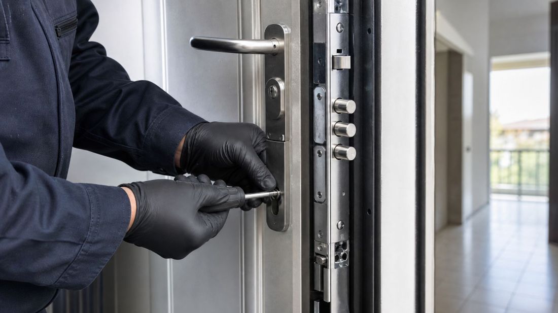 Técnico sustituyendo una cerradura de tres puntos con los bulones a la vista