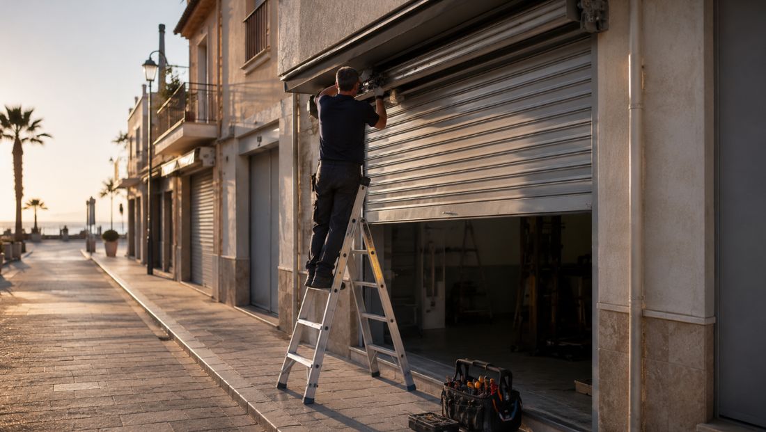 Técnico reparando desde una escalera el cierre metálico de un comercio al amanecer