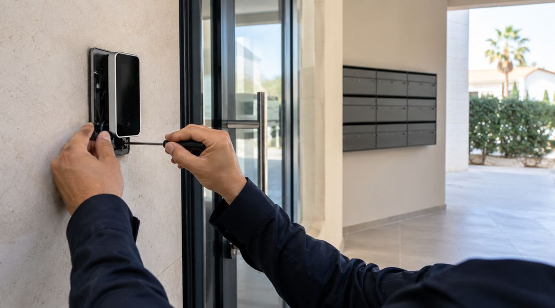 Instalación de un lector de control de accesos junto a la entrada de un edificio residencial