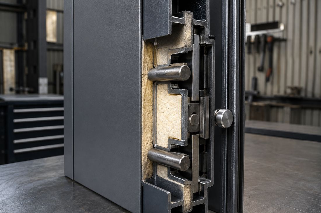 Sección de una puerta acorazada donde se ven las planchas de acero y el aislante interior