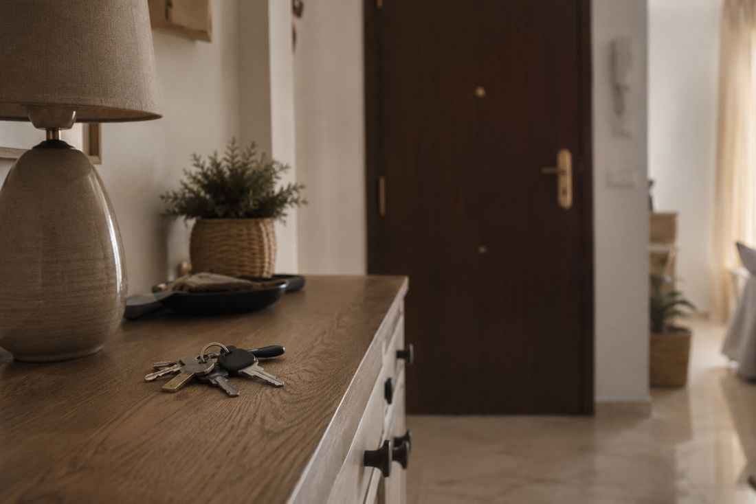 Llaves olvidadas sobre el mueble del recibidor con la puerta de entrada cerrada
