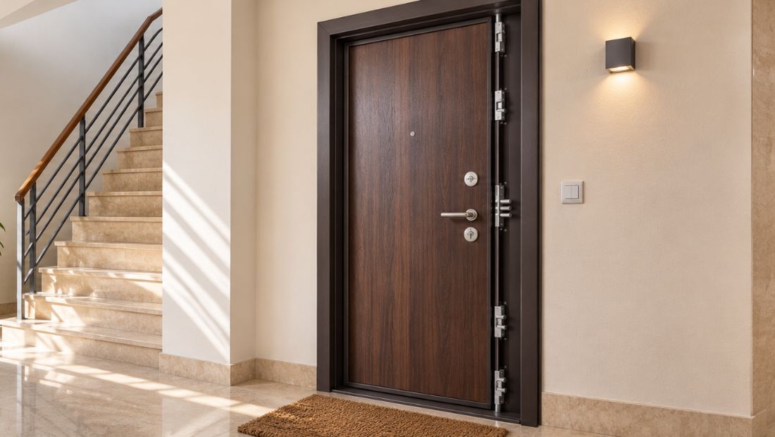 Puerta acorazada instalada en el rellano de una vivienda con los bulones del canto a la vista